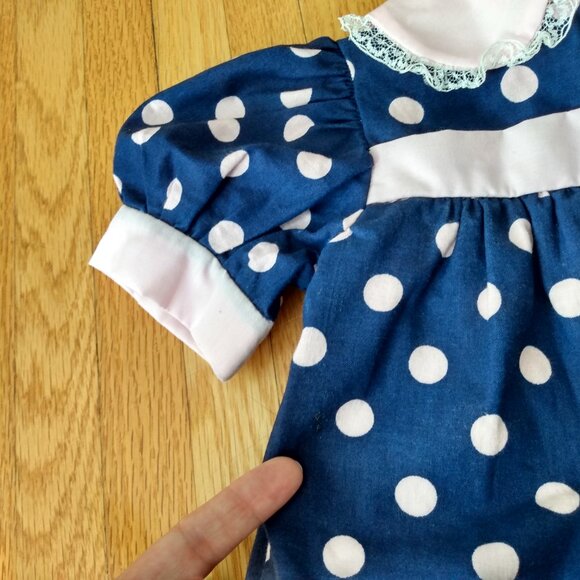 Vintage Handmade Baby Dress Blue Pink Polka Dots - Picture 6 of 14